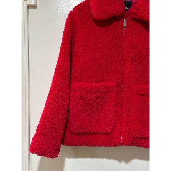 Sam Edelman Short Front Zip Teddy Coat Patch Pockets Hot Pink Faux Fur Small NWT - Picture 5 of 15